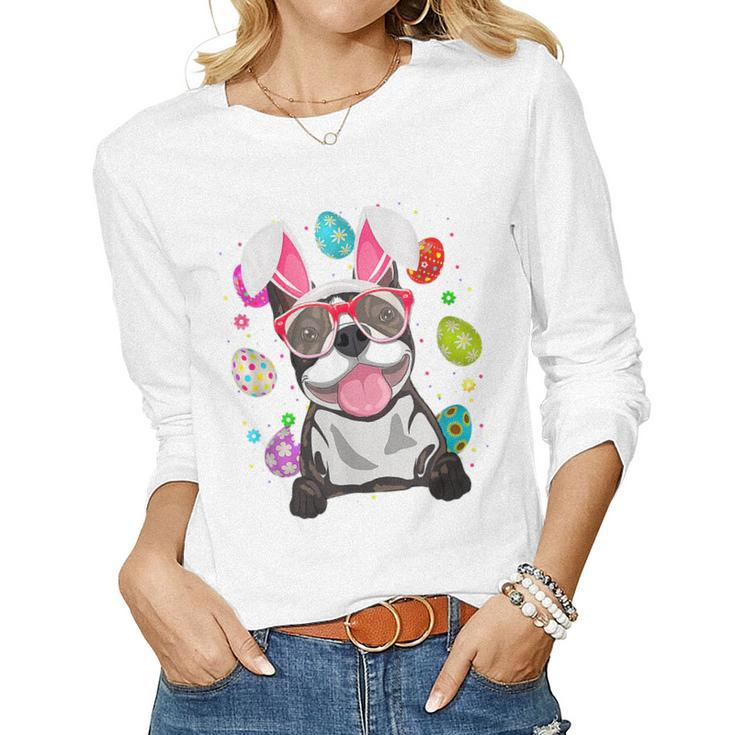 Womens Cute Bunny Boston Terrier Dog Face Easter Eggs Easter Women Long Sleeve T-shirt