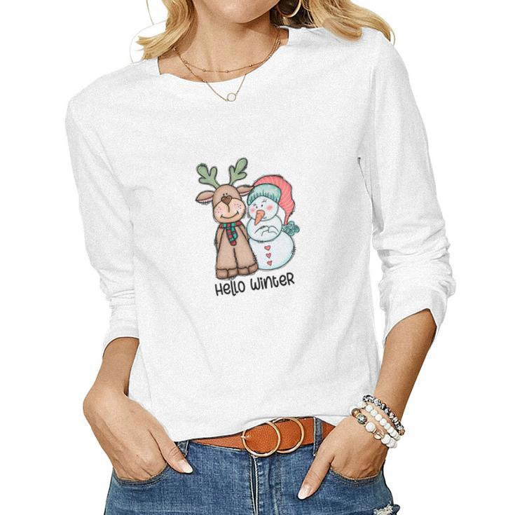 Cute Christmas Deer Snowman Hello Winter Women Graphic Long Sleeve T-shirt