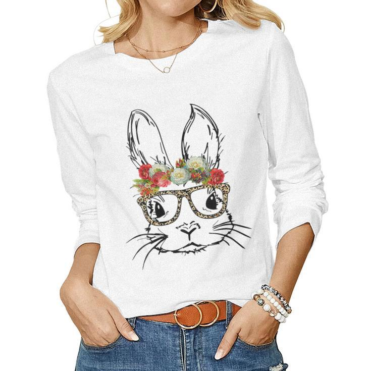Cute Mom N Girls Easter Bunny With Glasses Leopard Print Women Long Sleeve T-shirt