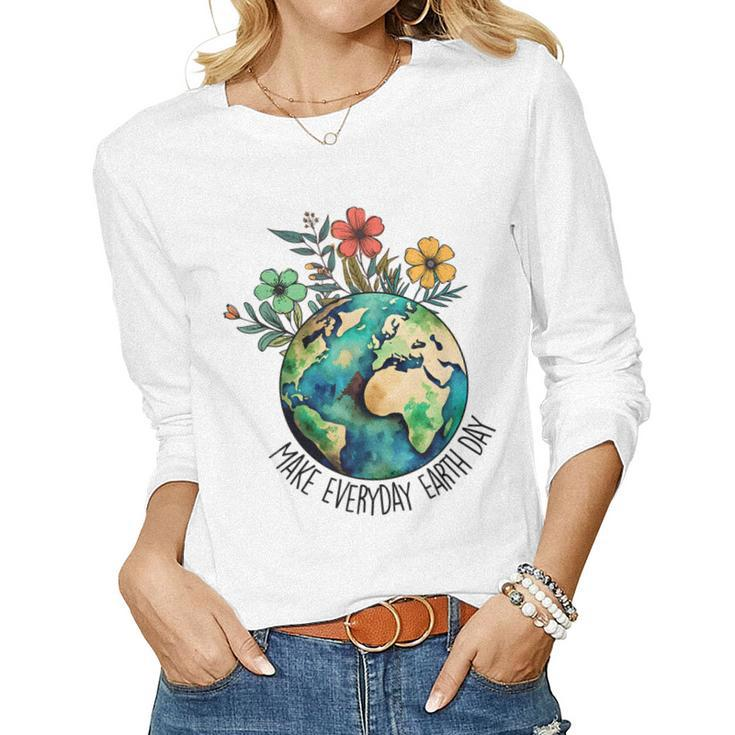 Make Everyday Earth Day Retro Planet Flower Earth Day Women Long Sleeve T-shirt