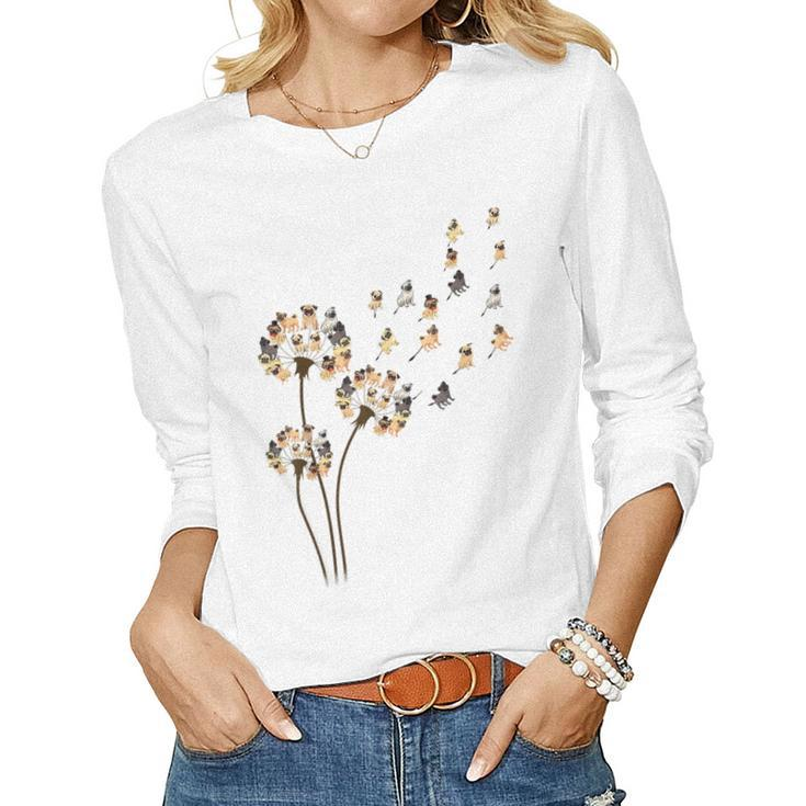 Flower Pug Dog Dandelion Animals Lover Women Long Sleeve T-shirt