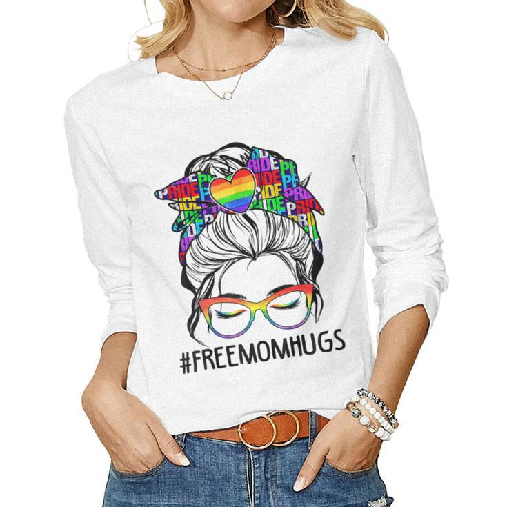 Free Mom Hugs Messy Bun Lgbt Pride Rainbow Women Long Sleeve T-shirt