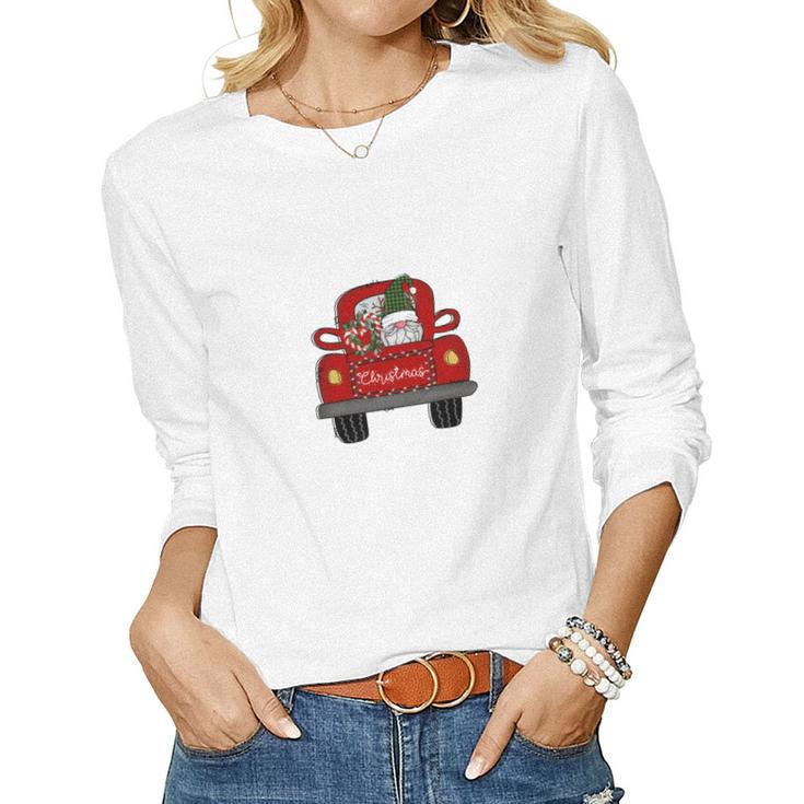 Funny Christmas Gnomes Red Truck Women Graphic Long Sleeve T-shirt