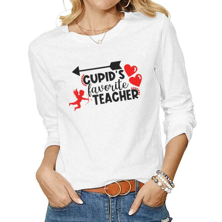 Funny Cupids Favorite Teacher Valentines Day  Women Graphic Long Sleeve T-shirt