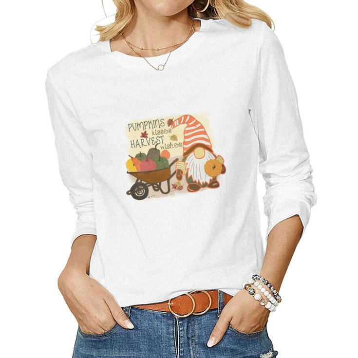 Funny Fall Gnomes Pumpkin Kisses And Harvest Wishes Women Graphic Long Sleeve T-shirt