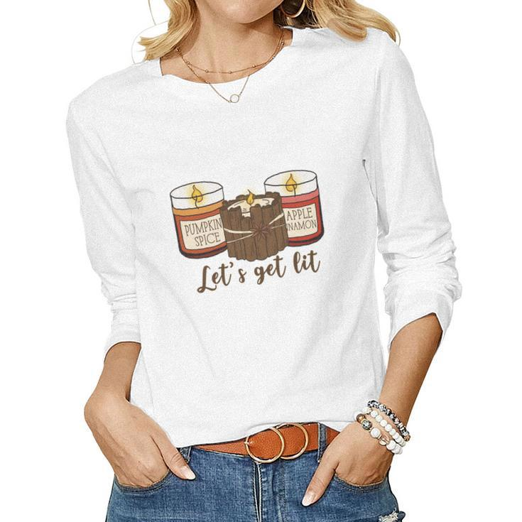 Funny Fall Lets Get Lit Women Graphic Long Sleeve T-shirt