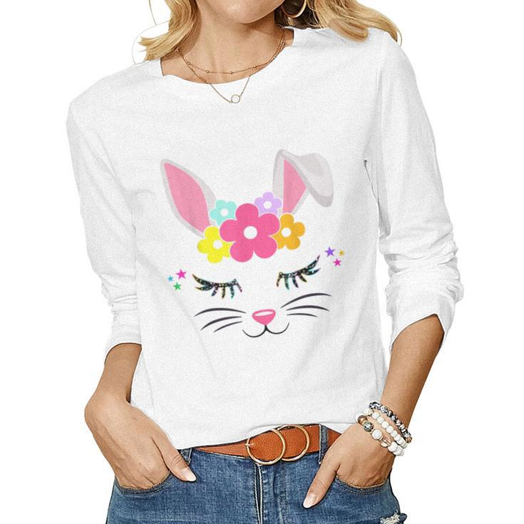 Happy Easter Day Cute Bunny Face Christian Girls Women Women Long Sleeve T-shirt