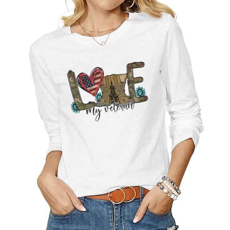 I Love My Veteran Camouflage Usa Flag Military Army Wife  Women Graphic Long Sleeve T-shirt