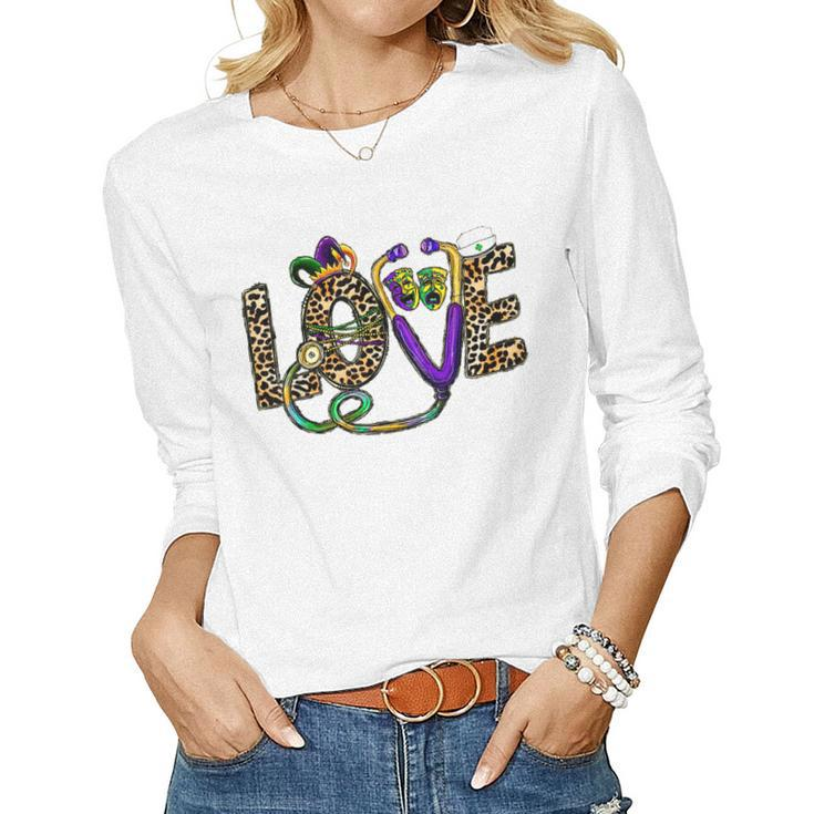 Leopard Love Nurse Life Scrub Nurse Mardi Gras Women Rn Icu  V3 Women Graphic Long Sleeve T-shirt