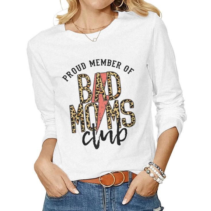 Leopard Proud Member Of Bad Moms Club Lightning Bolt Western  Women Graphic Long Sleeve T-shirt
