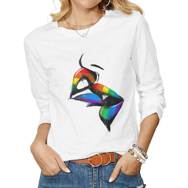 Lesbian Lips Kissing Rainbow Flag Gay Pride Lgbt Women Long Sleeve T-shirt