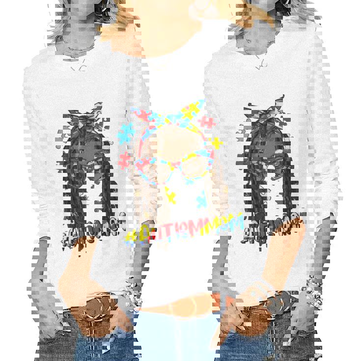 Messy Bun Black Autism Mom Afro Mother Autism Awareness Women Long Sleeve T-shirt