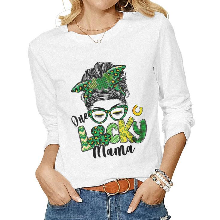 Messy Bun Leopard Green Shamrock Lucky Mama St Patricks Day  Women Graphic Long Sleeve T-shirt