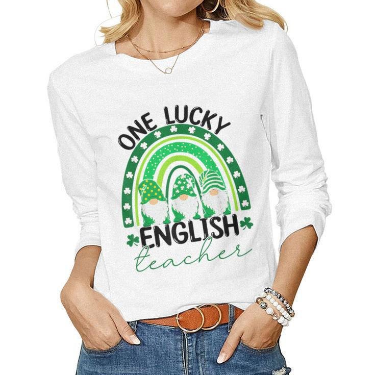 One Lucky English Teacher Gnomes St Patricks Day Rainbow  Women Graphic Long Sleeve T-shirt