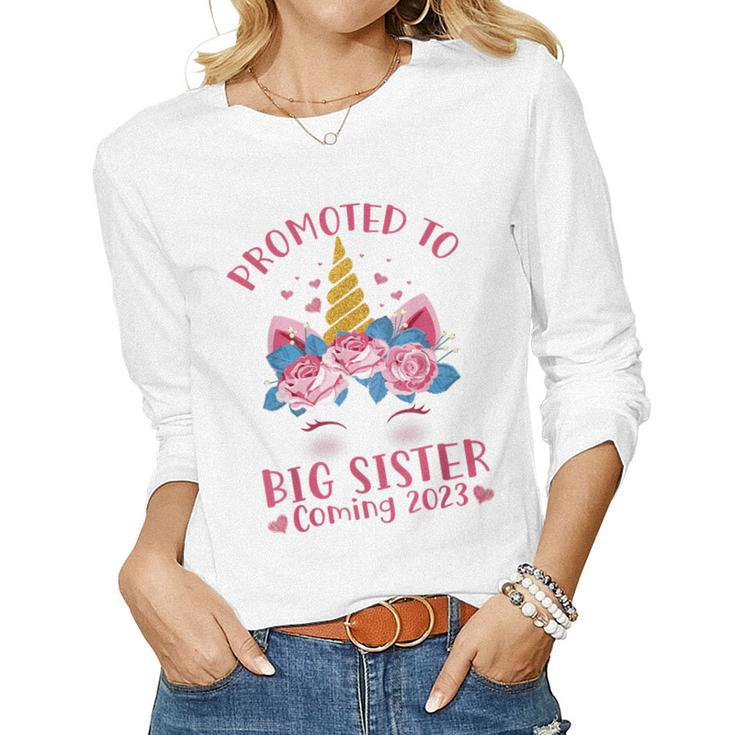Promoted To Big Sister Coming 2023 Face Unicorn Baby Shower Women Long Sleeve T-shirt