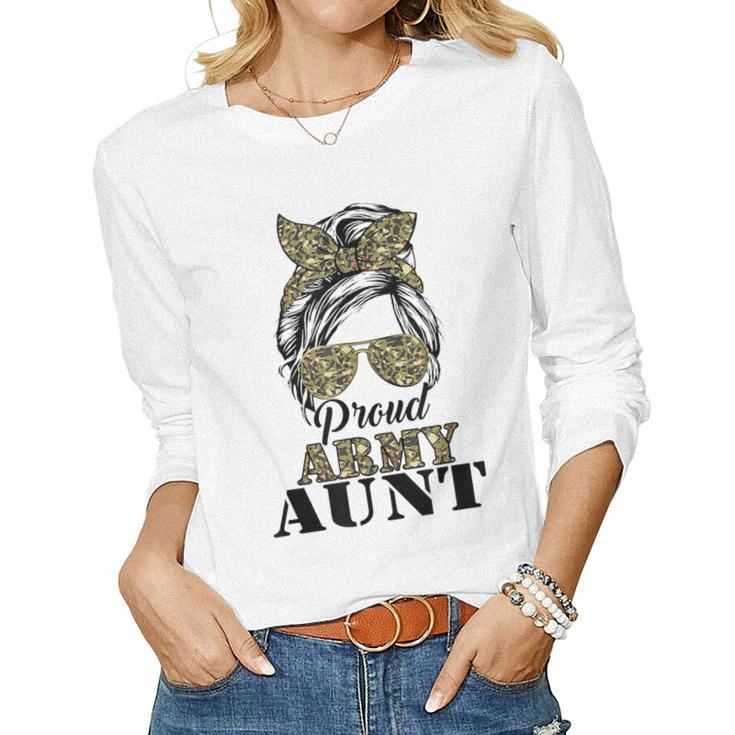 Proud Army Aunt Camouflage Messy Bun Soldier Mothers Day  Women Graphic Long Sleeve T-shirt