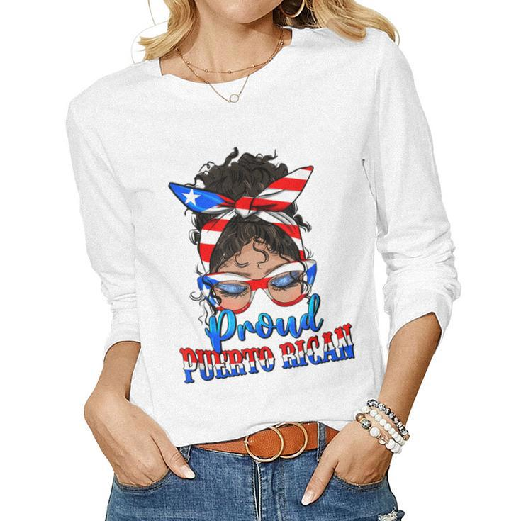 Proud Puerto Rican Latina Messy Bun Mama Puerto Rico Flag Women Long Sleeve T-shirt