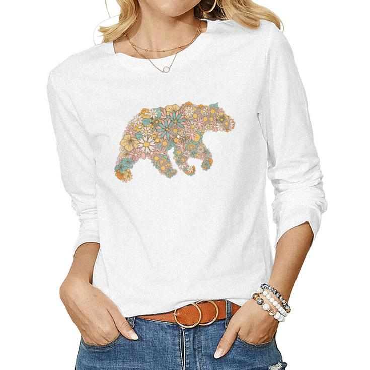 Retro Groovy Floral Bear Spring Nature Bear Lovers Women  Women Graphic Long Sleeve T-shirt