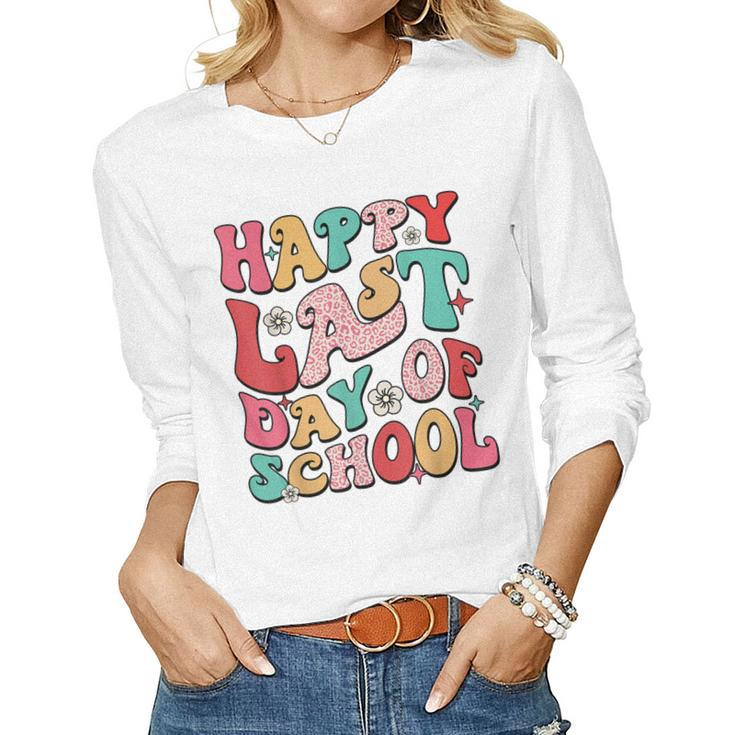 Retro Groovy Happy Last-Day Of School Leopard Teacher Kids Women Long Sleeve T-shirt