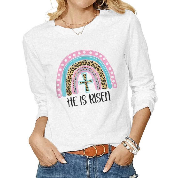 He Is Risen Bible Jesus Resurrection Easter Rainbow Leopard Women Long Sleeve T-shirt