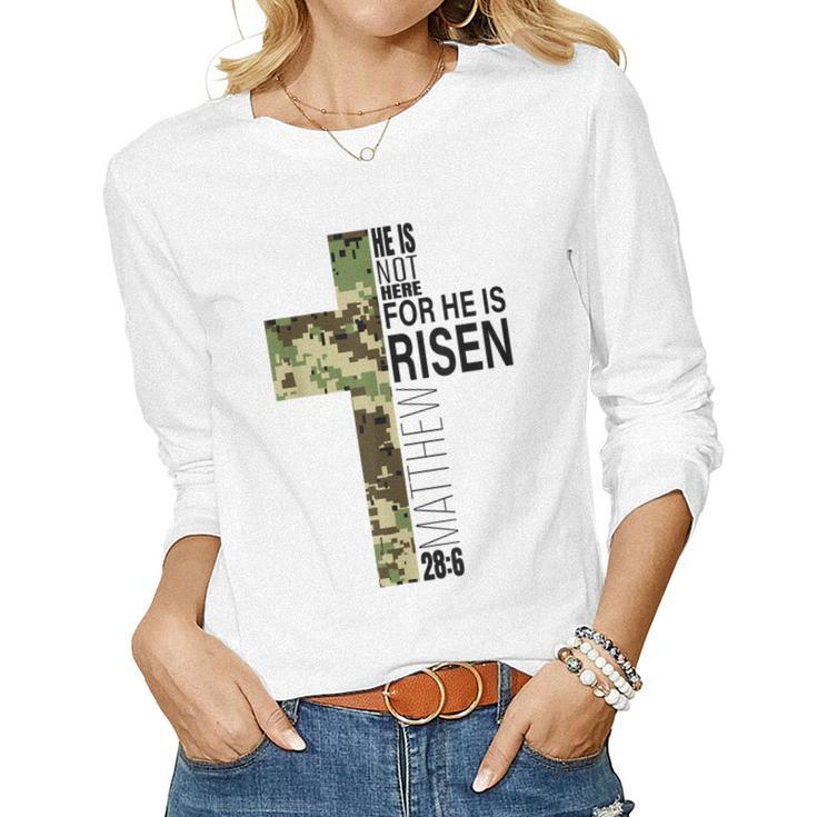 He Is Risen Christian Easter Verse Green Camo Cross Men Boys Women Long Sleeve T-shirt