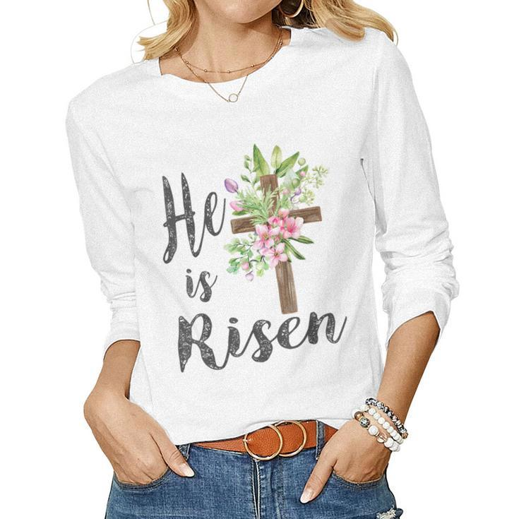 He Is Risen Floral Cross Vintage Happy Easter 2023 Women Long Sleeve T-shirt