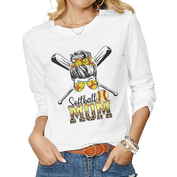 Softball Mom Messy Bun Leopard Softball 2023 Women Long Sleeve T-shirt