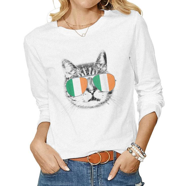 St Patricks Day T  Cat Irish Flag Ireland Men Women  Women Graphic Long Sleeve T-shirt - Thegiftio