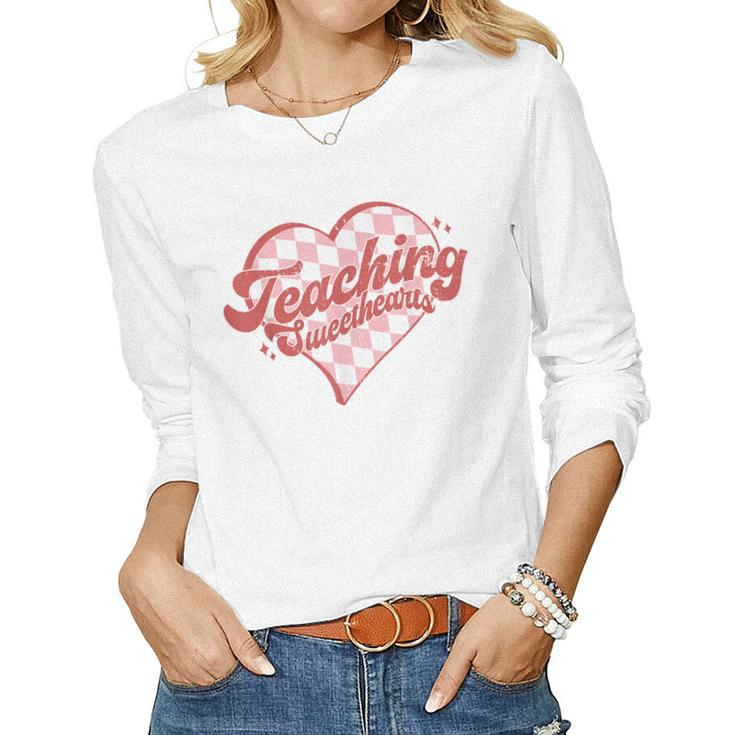 Teaching Sweethearts Checkered Heart Valentines Day Teacher  Women Graphic Long Sleeve T-shirt