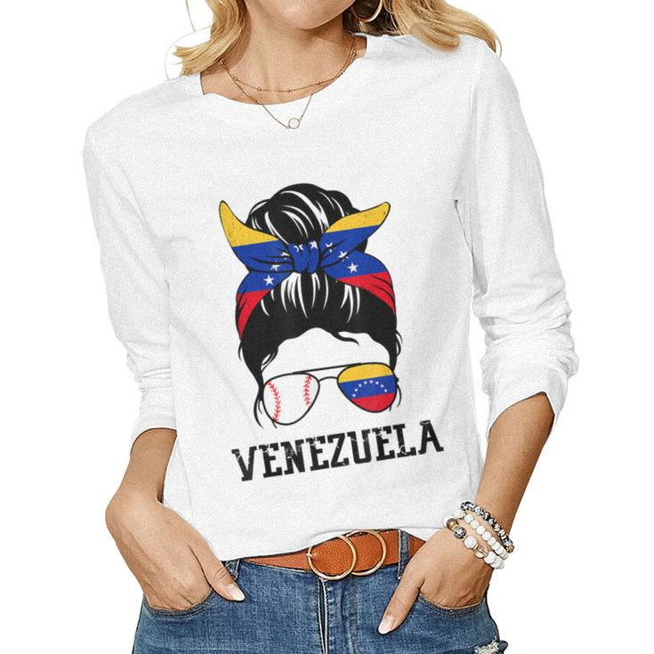 Venezuelan Baseball Fan Girl Mom Messy Bun Venezuela Flag Women Long Sleeve T-shirt