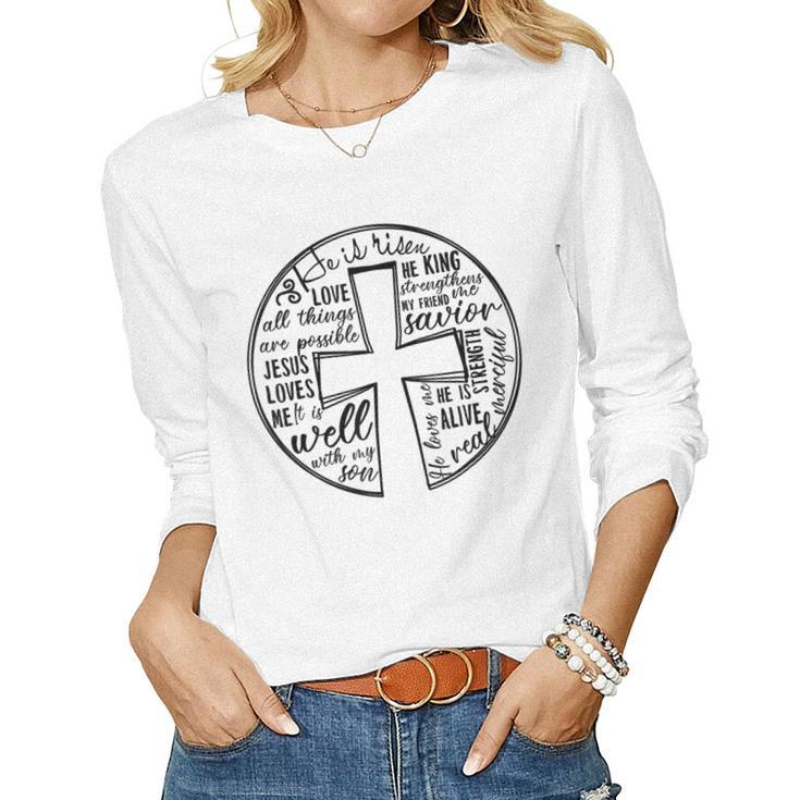 Vintage He Is Risen Bible Verse Christian Cross Happy Easter Women Long Sleeve T-shirt