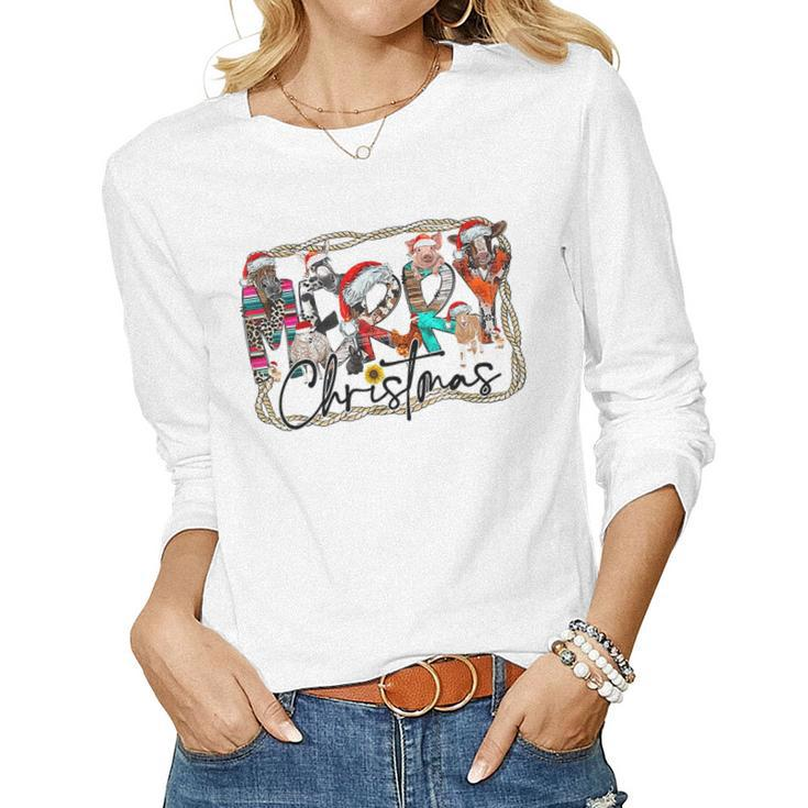 Western Country Farm Animals Cow Merry Christmas Cows Pigs Women Long Sleeve T-shirt