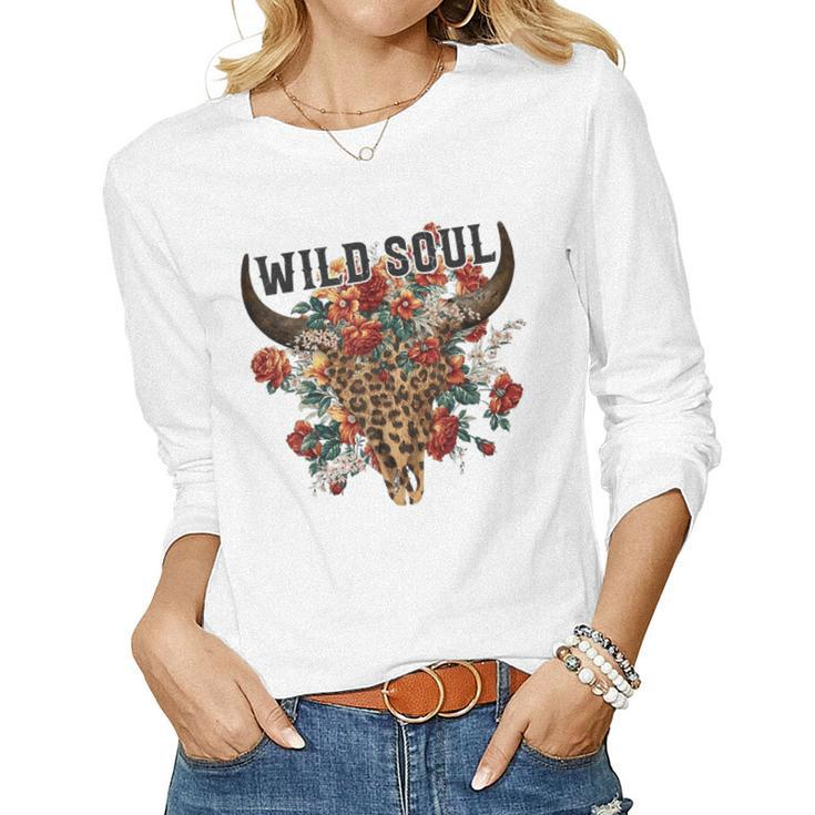Wild Soul Leopard Cow Skull Bull Skull Flower Western Lover Women Long Sleeve T-shirt