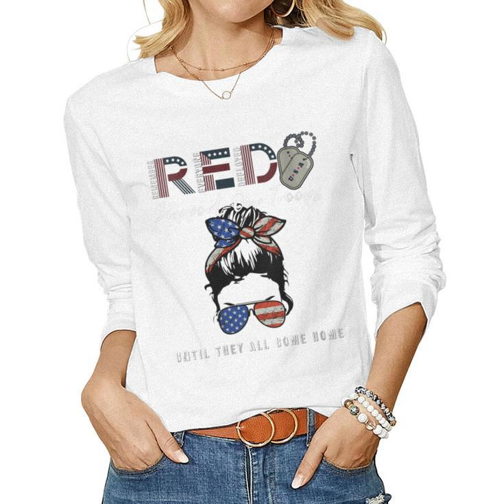 Womens On Friday We Wear Red Friday Military Support Troops Us Flag  Women Graphic Long Sleeve T-shirt