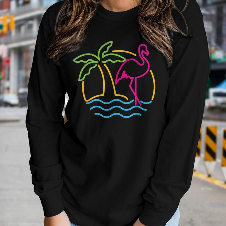80S Vintage Miami Retro Neon Pink Flamingo Women Long Sleeve T-shirt Gifts for Her