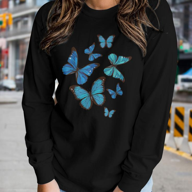 Blue Morpho Butterfly Swarm Lepidoptera Lover Entomologist Women Long Sleeve T-shirt Gifts for Her