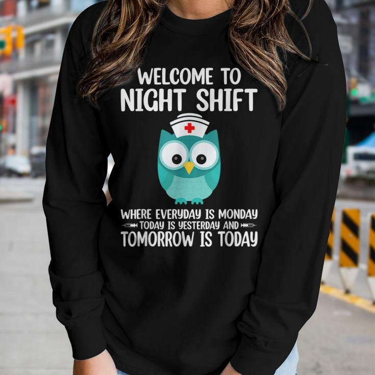 Bsn Lpn Cna Funny Nursing Owl Welcome To Night Shift Nurse Women Graphic Long Sleeve T-shirt Gifts for Her