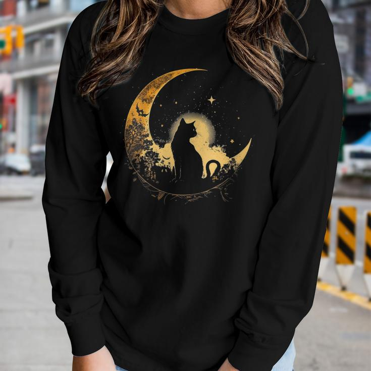 Womens Cat Crescent Black Moon Sailor Women Long Sleeve T-shirt Gifts for Her