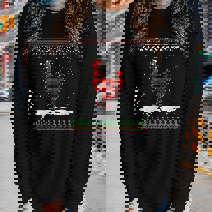 Chicken Christmas Pajama Red Plaid Family Ugly Christmas Women Long Sleeve T-shirt Gifts for Her