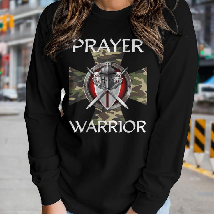 Christian Prayer Warrior Green Camo Cross Religious Messages Women Long Sleeve T-shirt Gifts for Her
