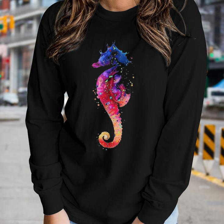 Colorful Sea Horse Lover Dad Mom Funny Kidding Women Graphic Long Sleeve T-shirt Gifts for Her