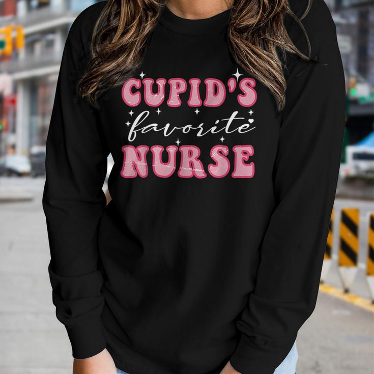 Cupids Favorite Nurse Groovy Retro Valentines Day Nurse Women Graphic Long Sleeve T-shirt Gifts for Her