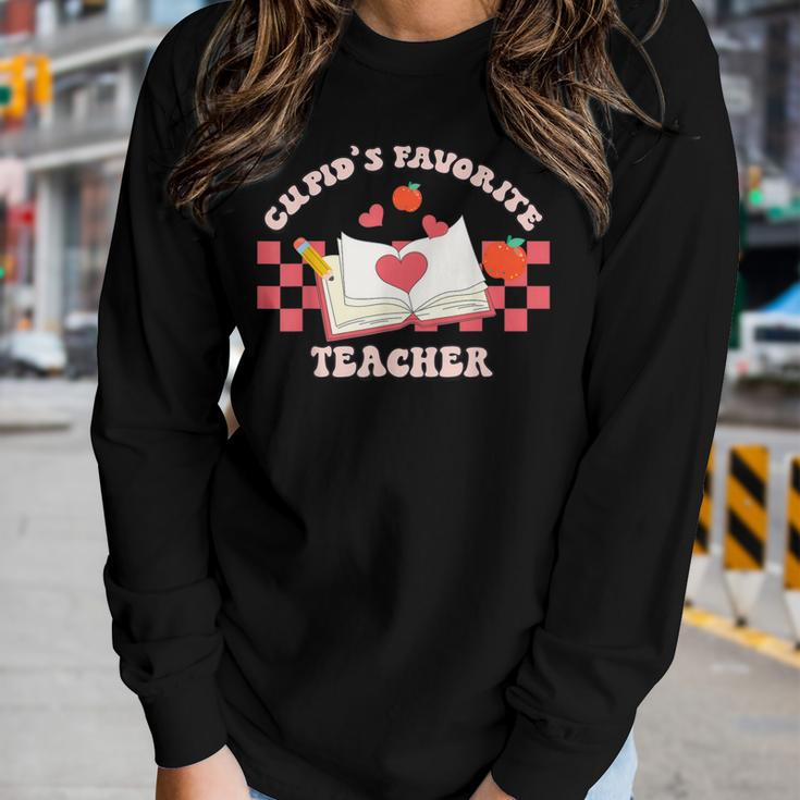 Cupids Favorite Teacher Happy Valentines Day Retro Groovy Women Graphic Long Sleeve T-shirt Gifts for Her