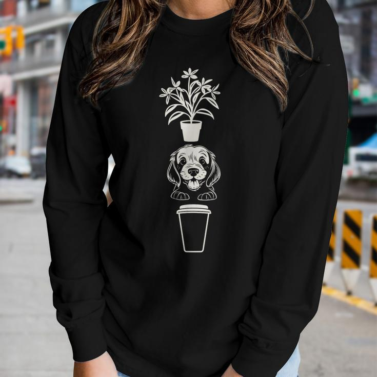 Cute Plants Dog And Coffee Gardening Caffeine Puppy Lover Women Long Sleeve T-shirt Gifts for Her