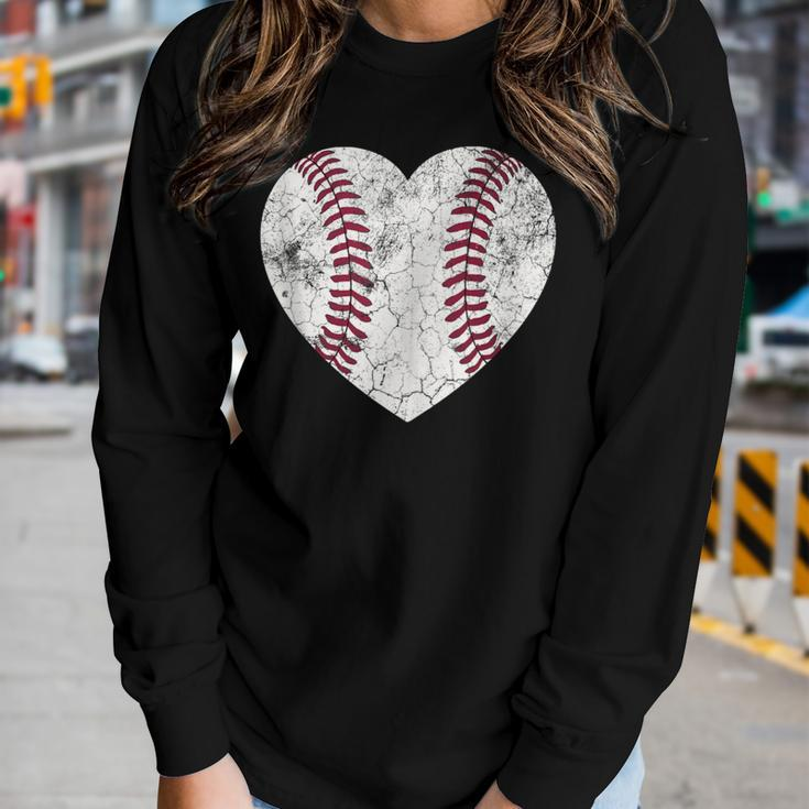 Distressed Heart Baseball Heart Mom Mama Women Long Sleeve T-shirt Gifts for Her