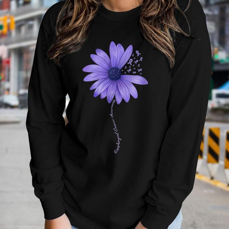 Womens Esophageal Cancer Awareness Sunflower Periwinkle Ribbon Women Long Sleeve T-shirt Gifts for Her