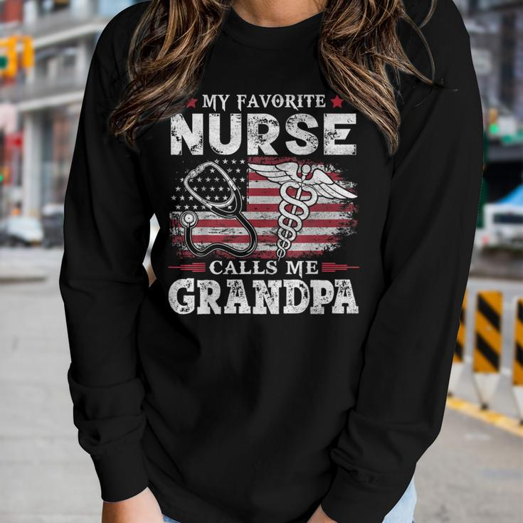 My Favorite Nurse Calls Me Grandpa Usa Flag Father Women Long Sleeve T-shirt Gifts for Her
