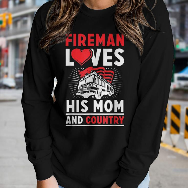 Fireman Loves His Mom And Country Mothers Day Firefighter Women Graphic Long Sleeve T-shirt Gifts for Her