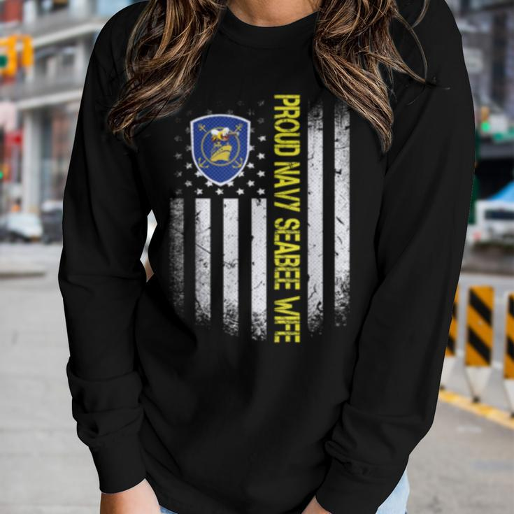 Flag Usa Proud Us Navy Seabee Wife Us Military Family Women Long Sleeve T-shirt Gifts for Her