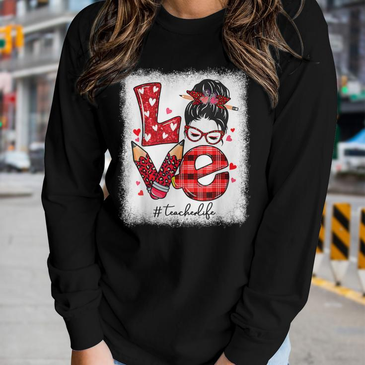 Funny Love Messy Bun Teacher Life Valentines Day Matching V2 Women Graphic Long Sleeve T-shirt Gifts for Her
